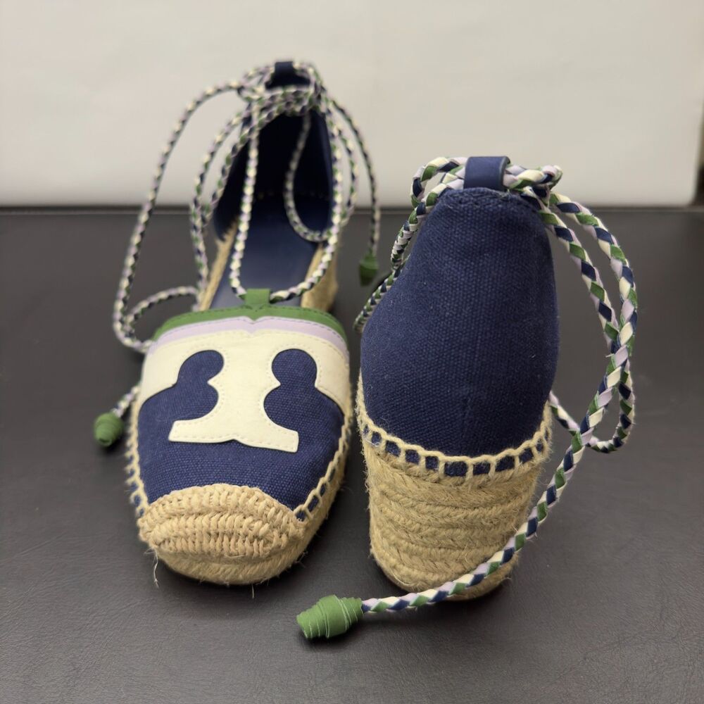 Tory Burch Laguna Espadrille Wedge Shoes Navy Blue Green Lace Up 8.5 NEW - Picture 4 of 9
